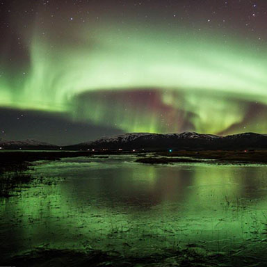 Northern lights aurora borealis over the sky near Akureyri